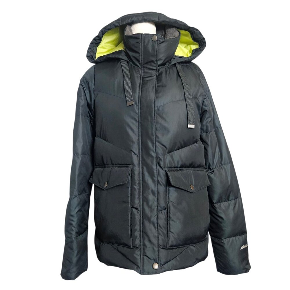 Eddie Bauer Women Petite Small Goose Down Puffer Winter Jacket Gray/Green Sherpa